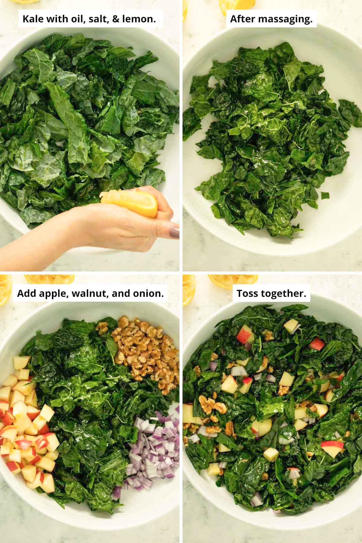 image collage showing adding lemon to the kale, massaged kale, adding the other salad ingredients and the salad after tossing