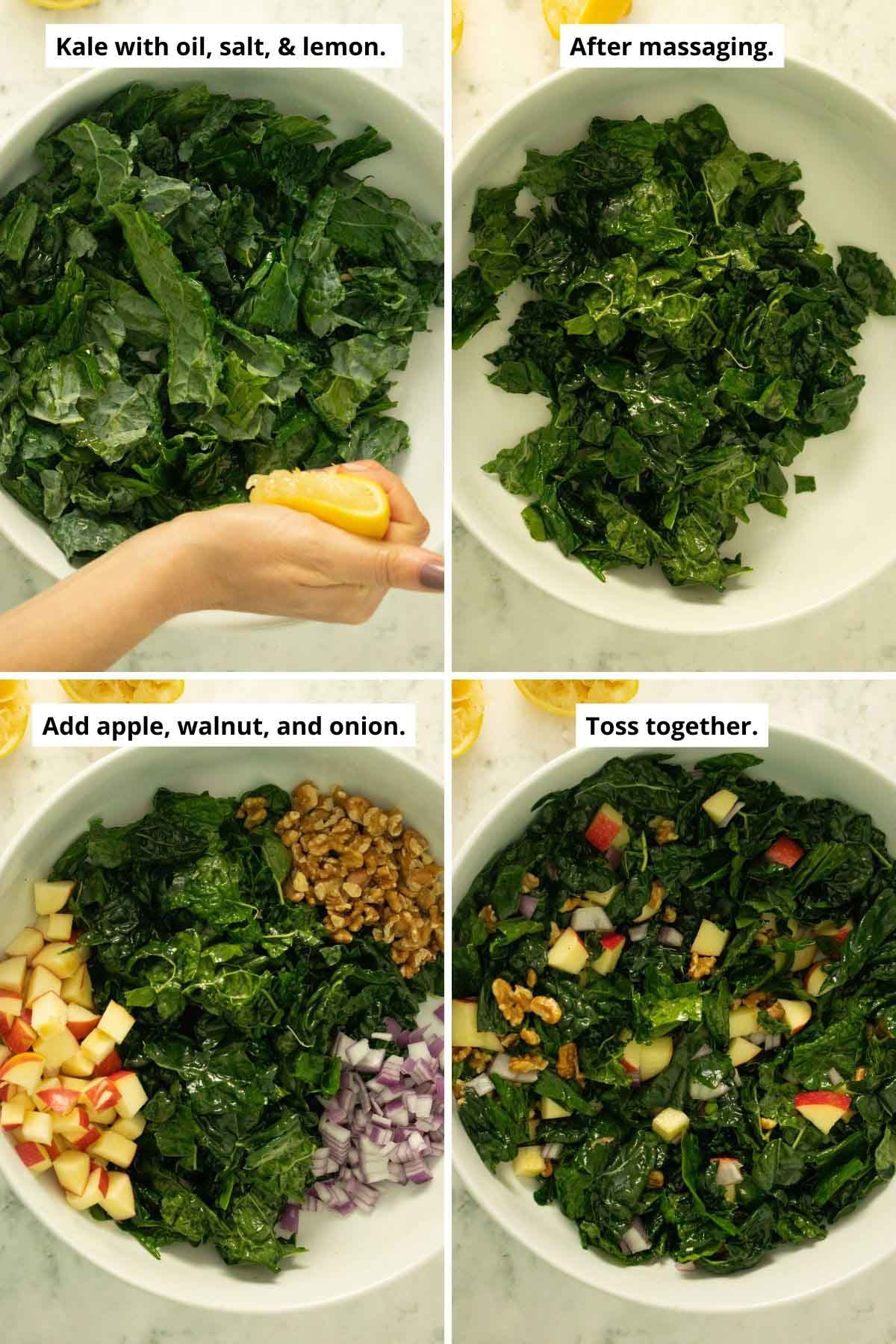 image collage showing adding lemon to the kale, massaged kale, adding the other salad ingredients and the salad after tossing