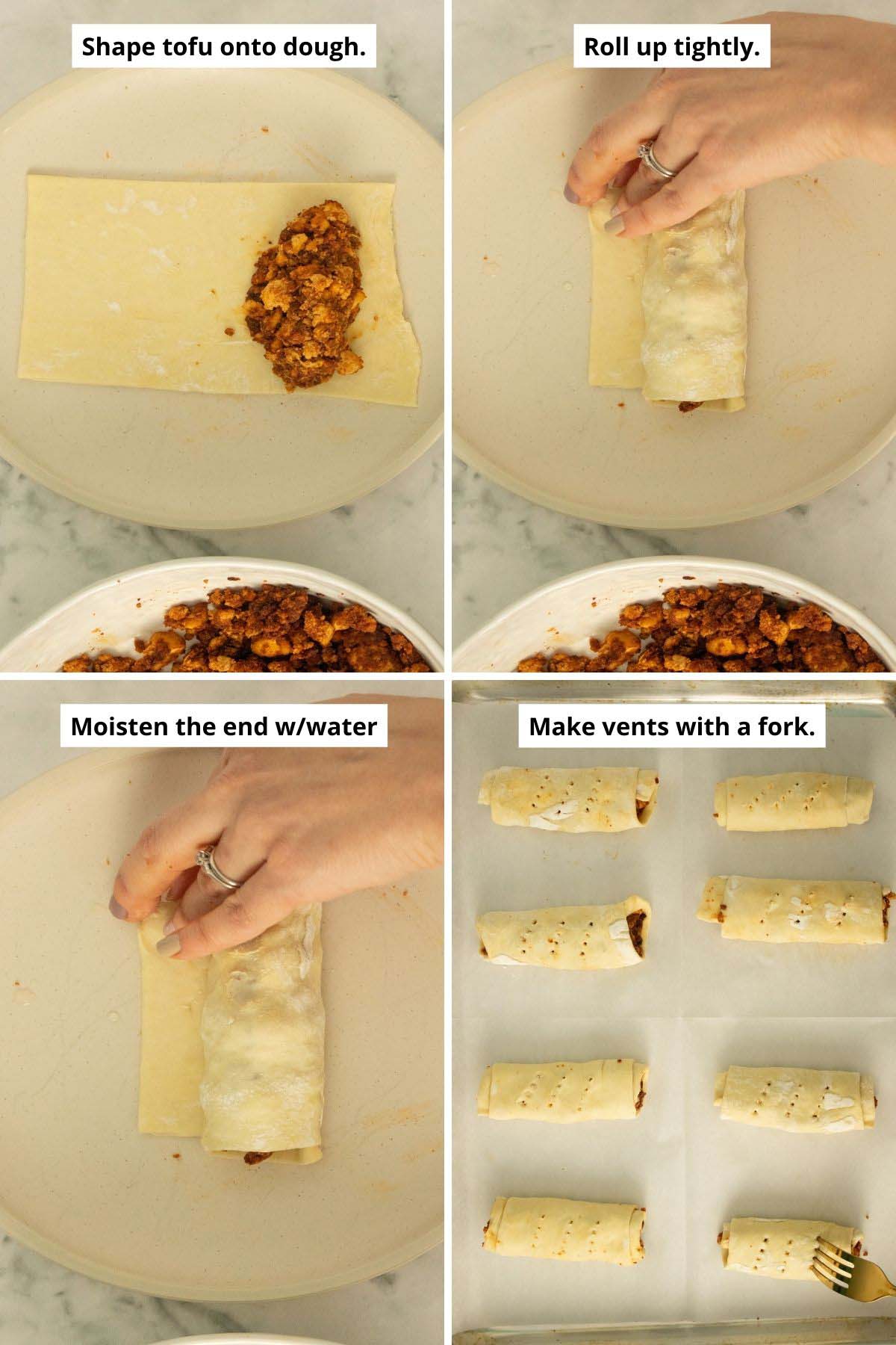 image collage showing how to roll up the sausage rolls