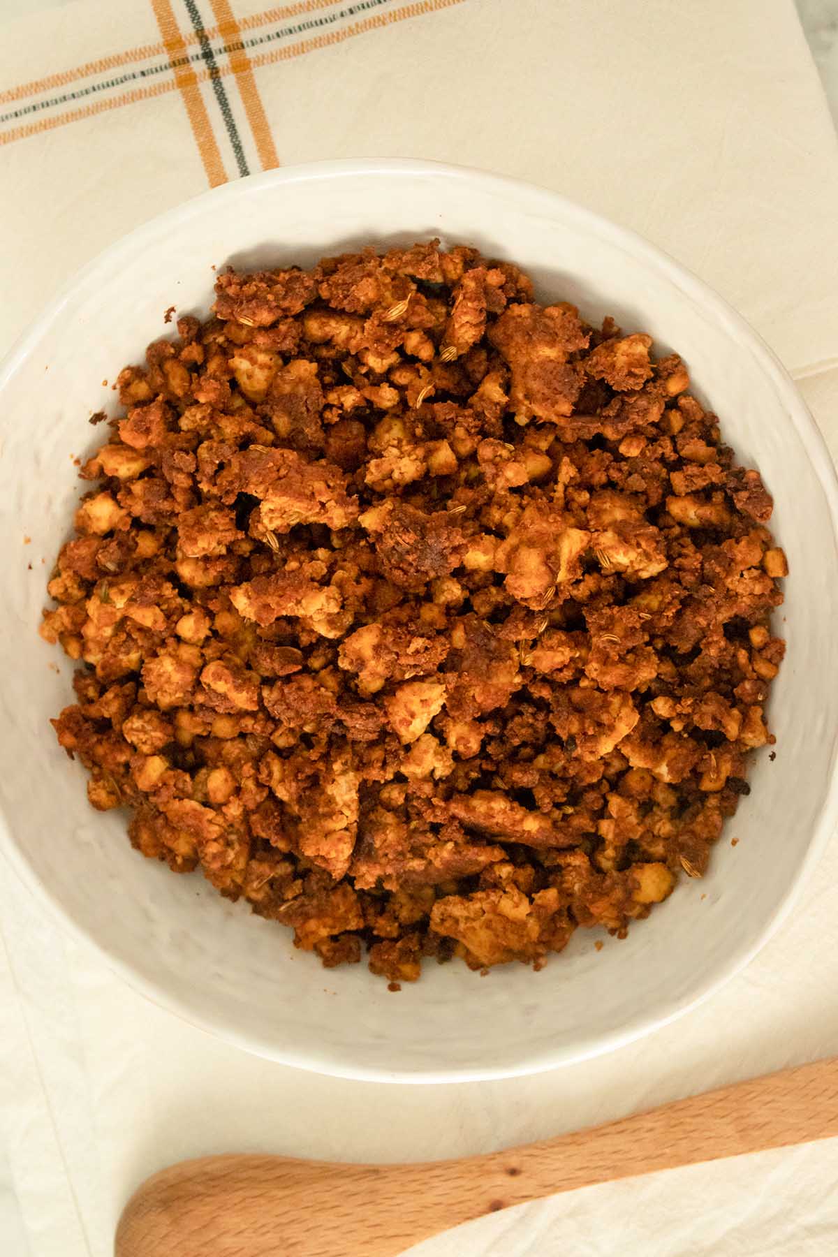 photo of tofu sausage crumbles in a bowl