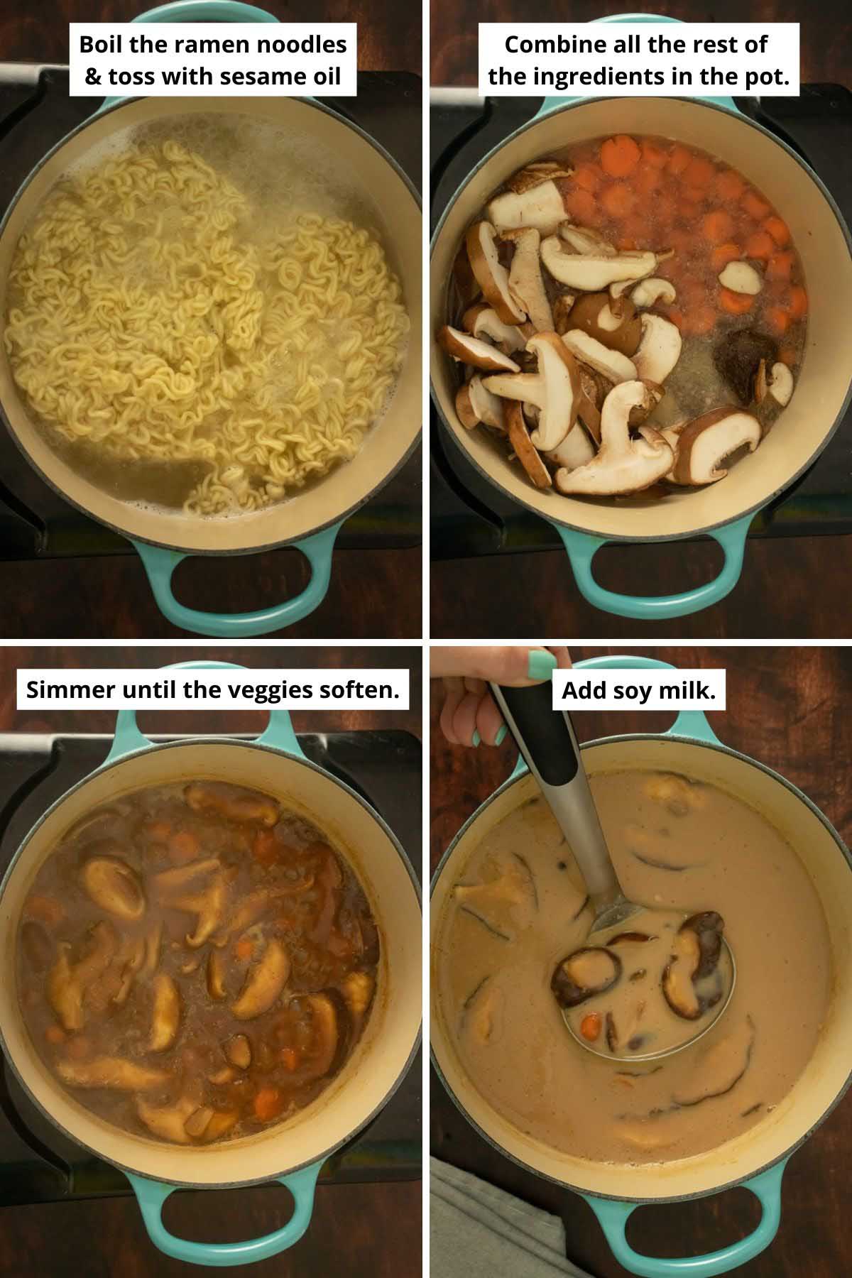 image collage showing boiling the noodles, the veggies in the pot before and after simmering and after adding the soy milk