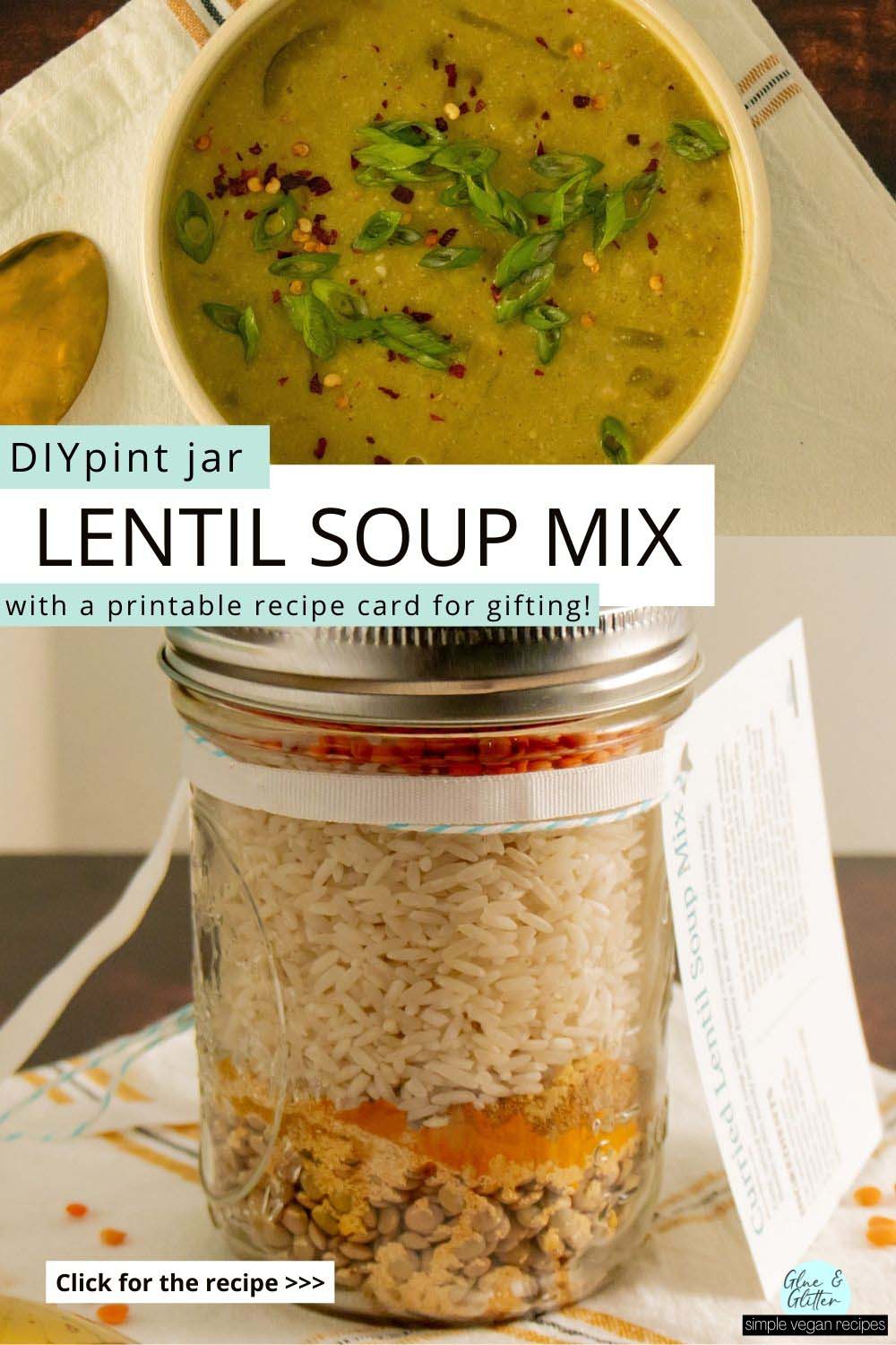 image collage of a bowl of lentil soup and the jar mix, text overlay