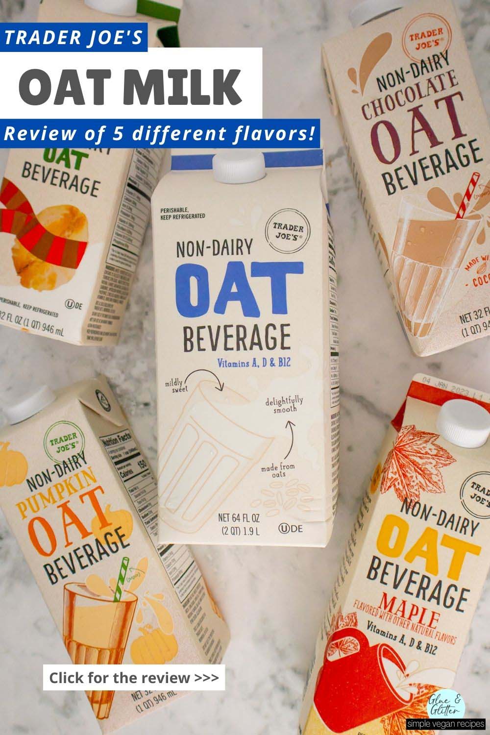 Trader Joe's Oat milk carton surrounded by their oat nog, maple beverage, chocolate, and pumpkin varieties, text overlay