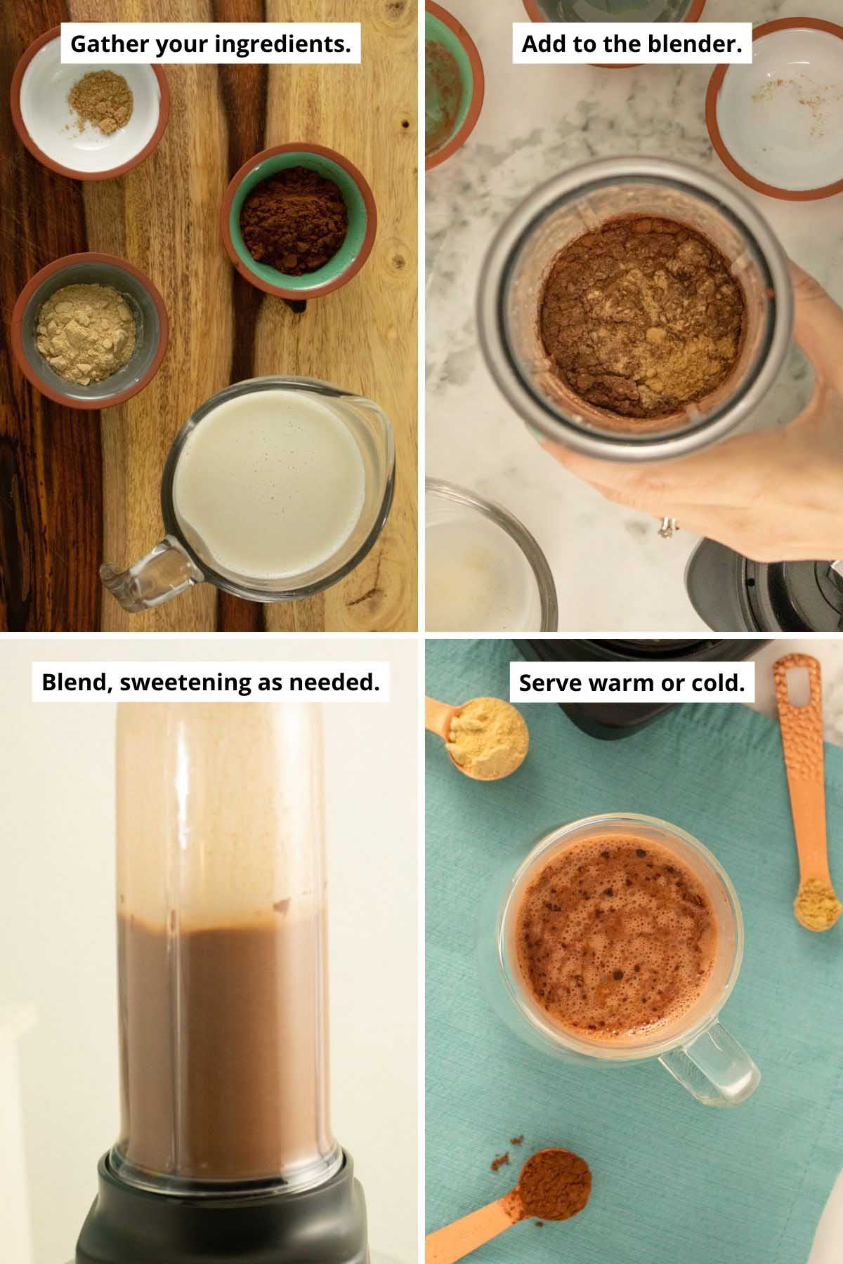 image collage showing the maca latte ingredients separate and in the blender, the blender running, and the finished maca hot chocolate on a table