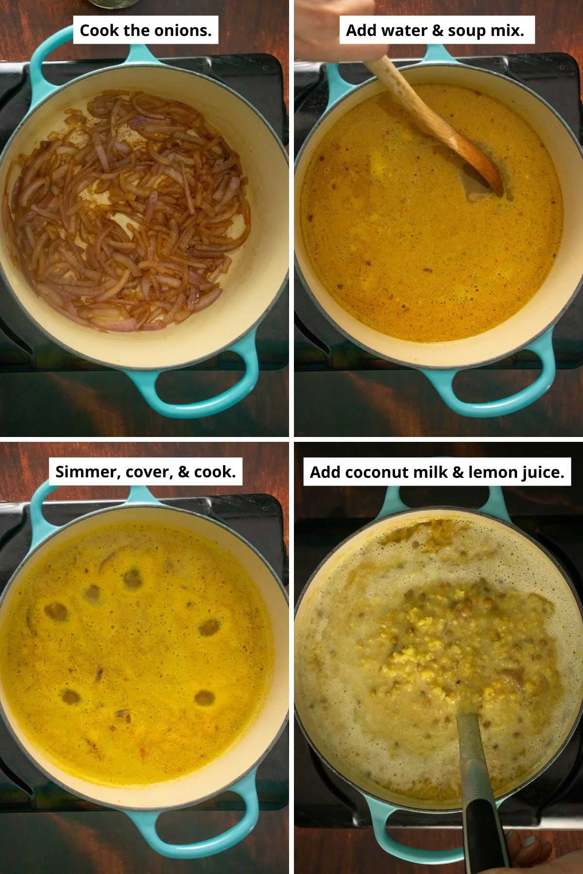 image collage showing how to make the soup with the mix