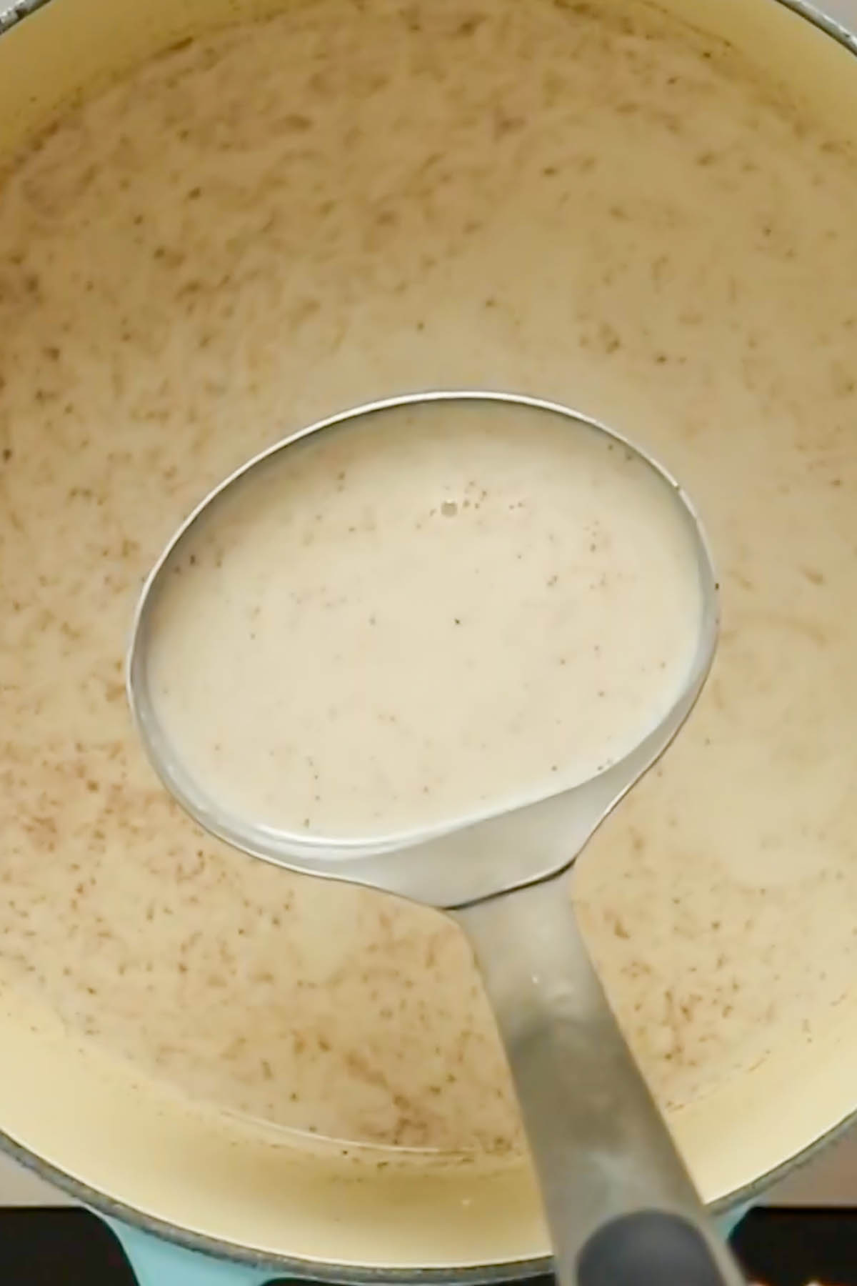 close-up of a ladle serving vegan eggnog from the pot
