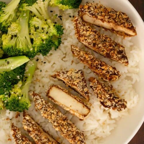 bowl of broccoli, rice and panko tofu