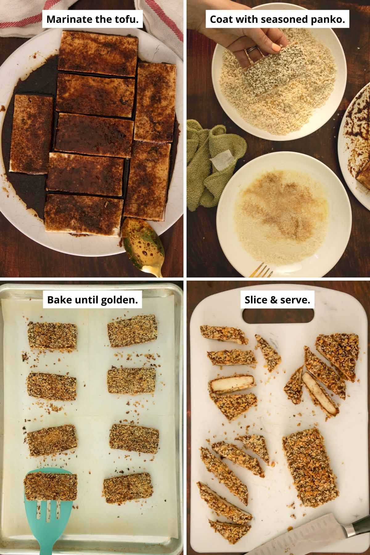 image collage showing marinating tofu, coating it in panko, baked on the baking sheet, and sliced on the cutting board