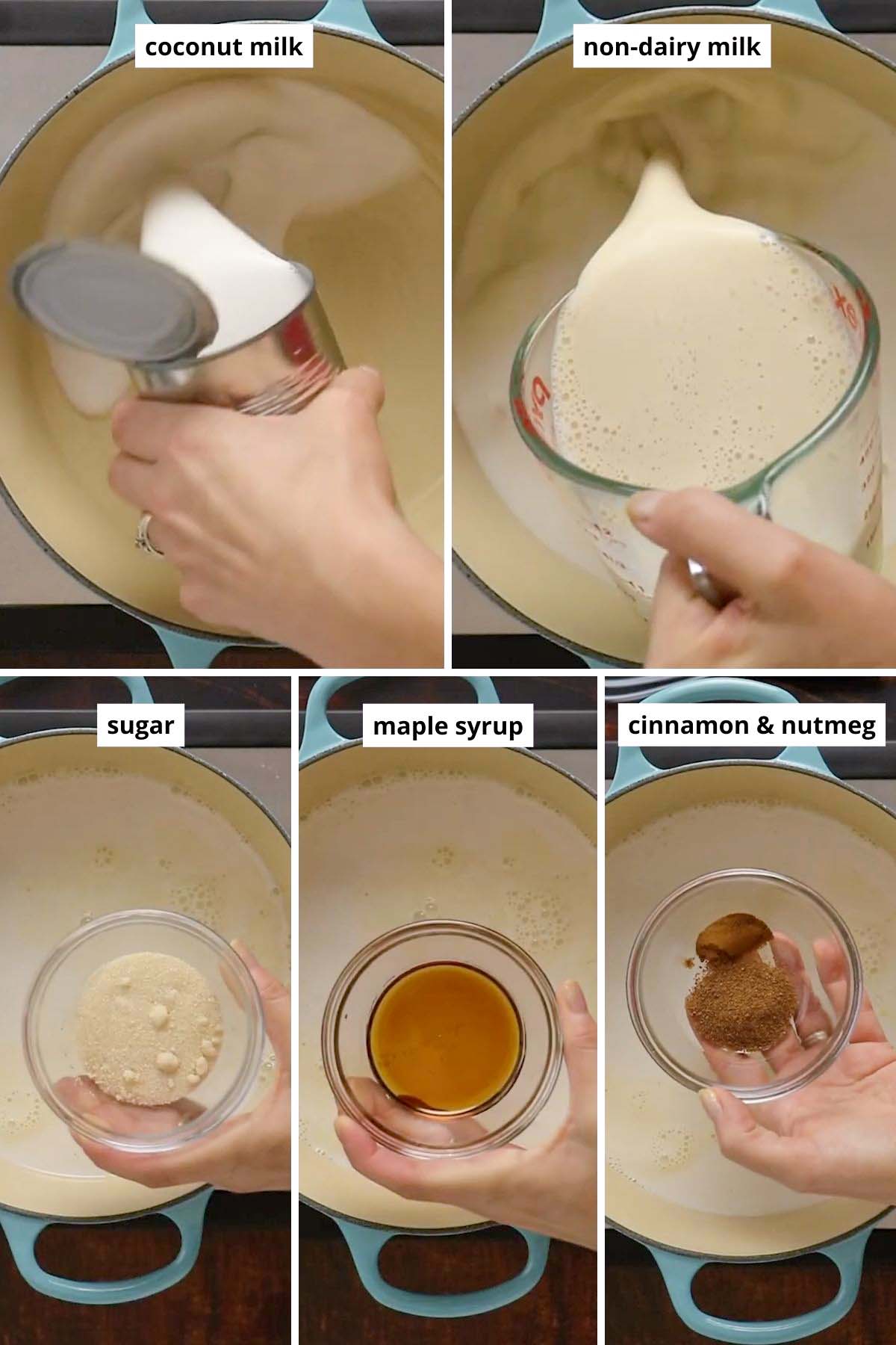 image collage showing adding the coconut milk, non-dairy milk, sugar, maple syrup, and spices to the pot