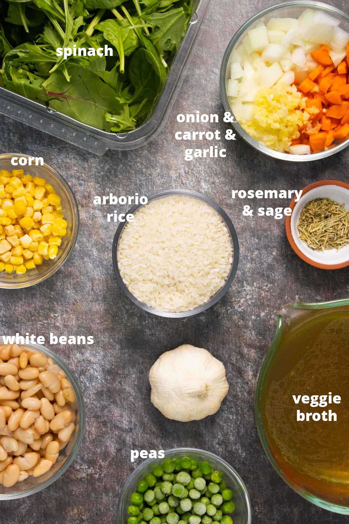 vegan Instant Pot risotto ingredients on a gray table with text labels
