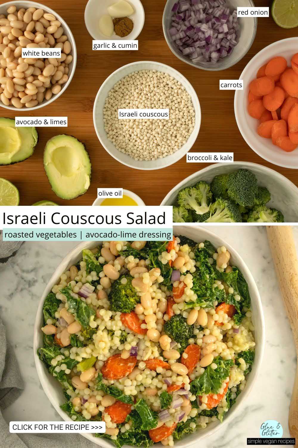 image collage of Israeli couscous, beans, and veggies with text labels and a photo of the finished salad in a serving bowl