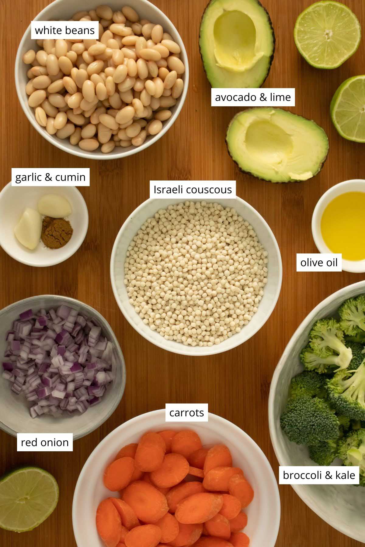 image collage of Israeli couscous, beans, and veggies with text labels