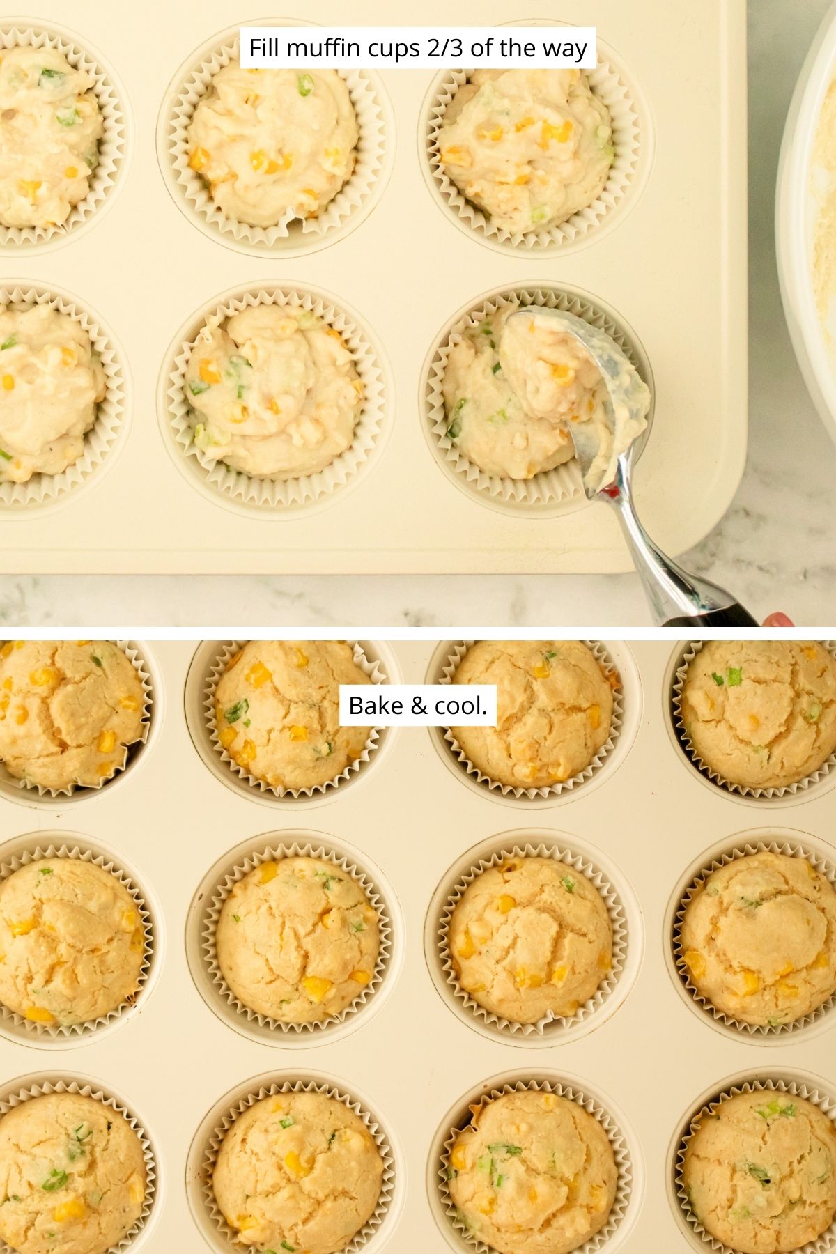 image collage showing how to fill the muffin tin and the muffins after baking and cooling
