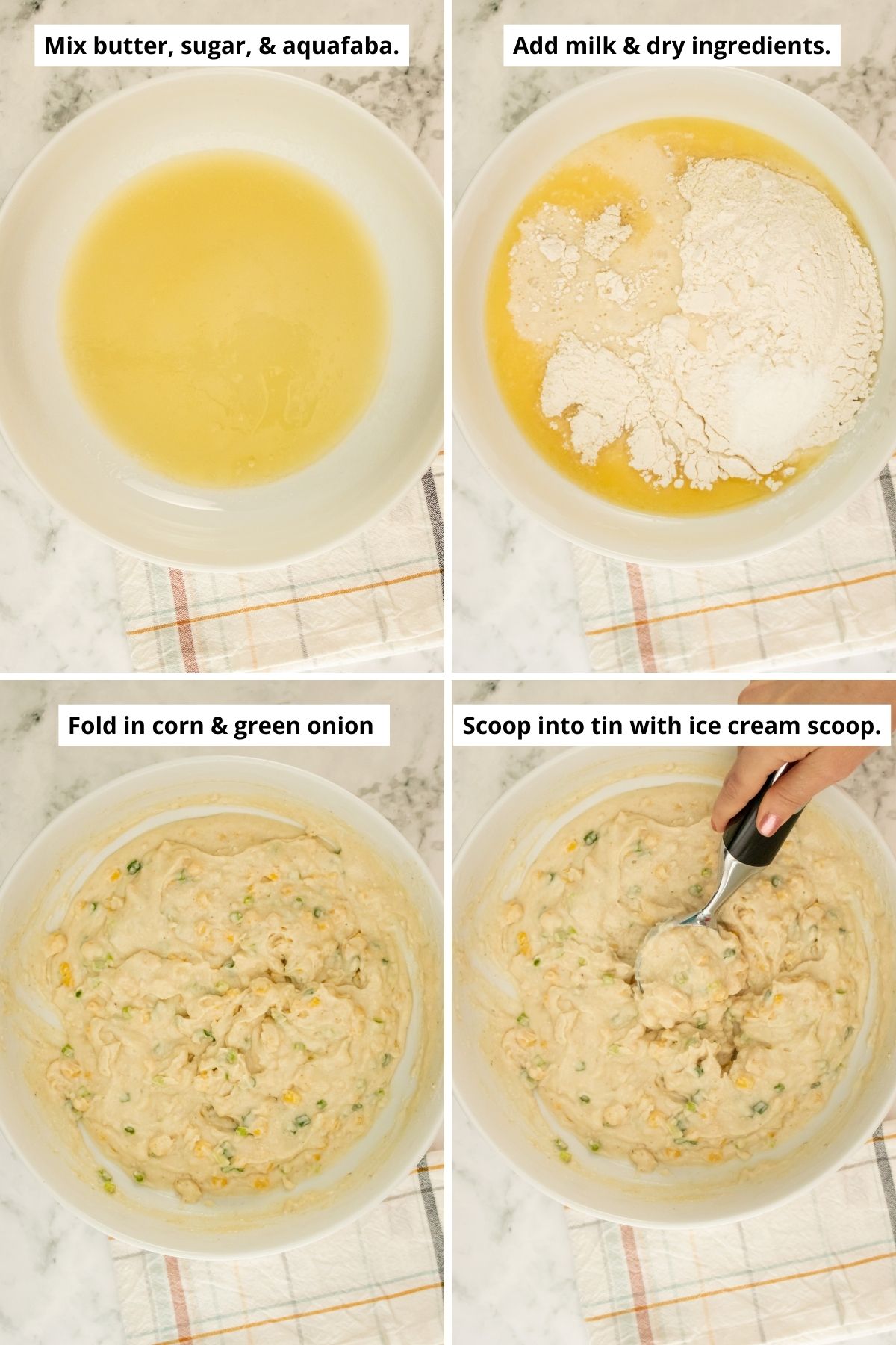 image collage showing mixing the wet ingredients, adding dry ingredients, mixed batter, and scooping the batter with an ice cream scoop