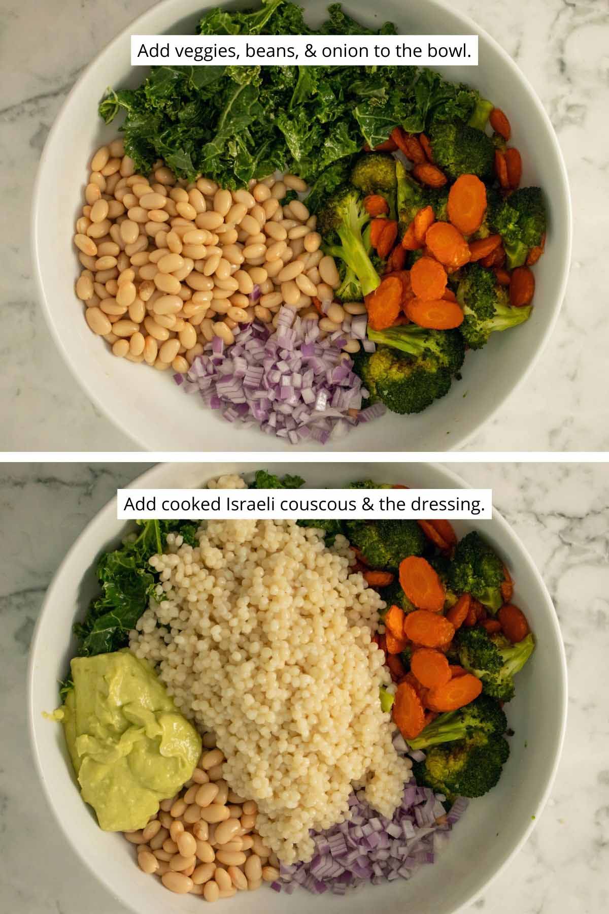 image collage showing the beans and veggies in a mixing bowl and adding the avocado dressing and Israeli couscous
