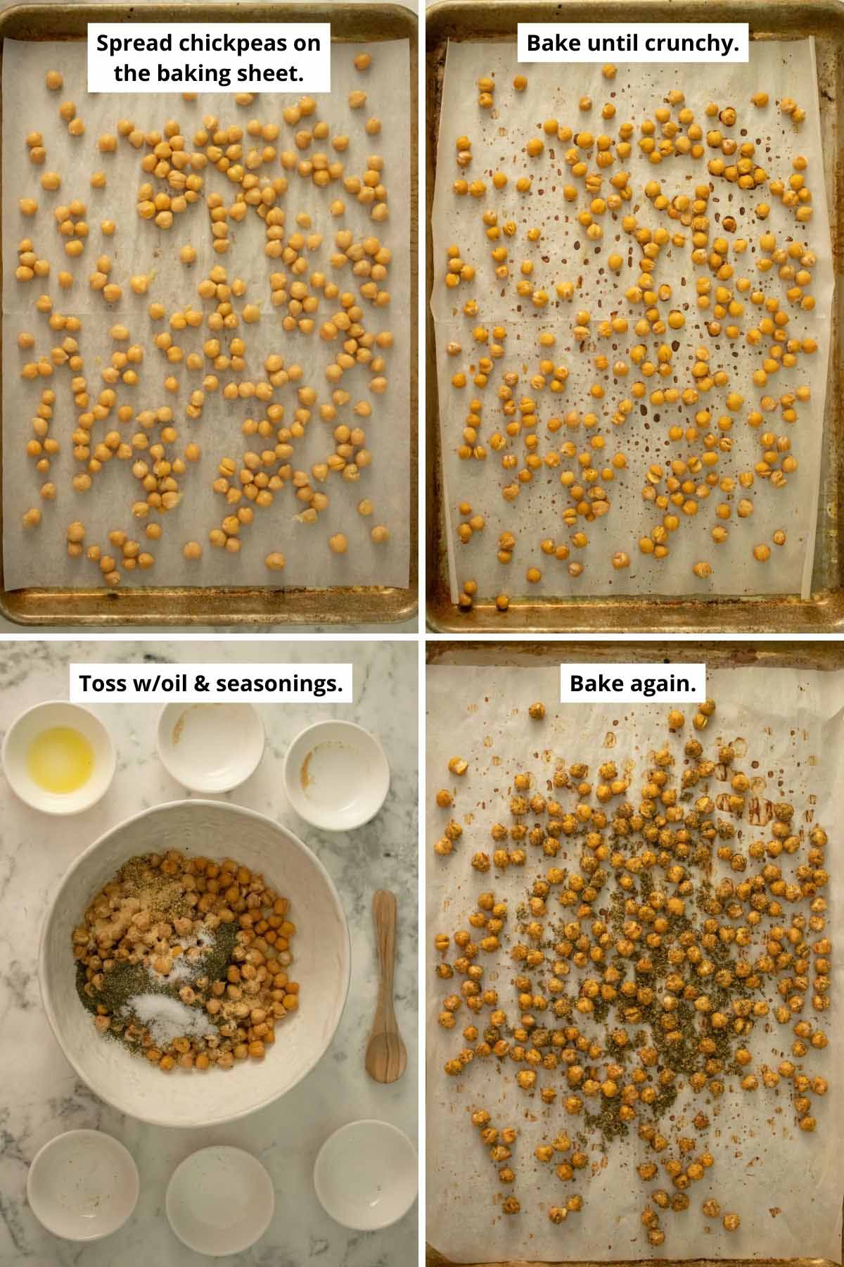 image collage showing chickpeas on the baking sheet before and after roasting, then in a bowl with seasonings and on the baking sheet again