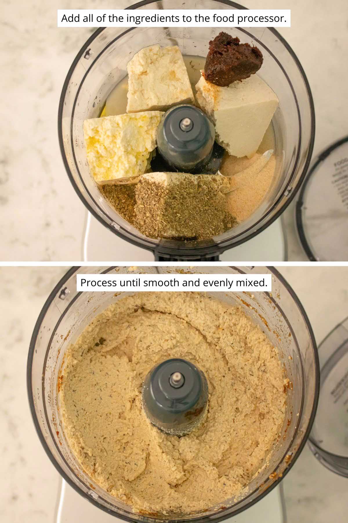 vegan ricotta ingredients in the food processor before and after running it