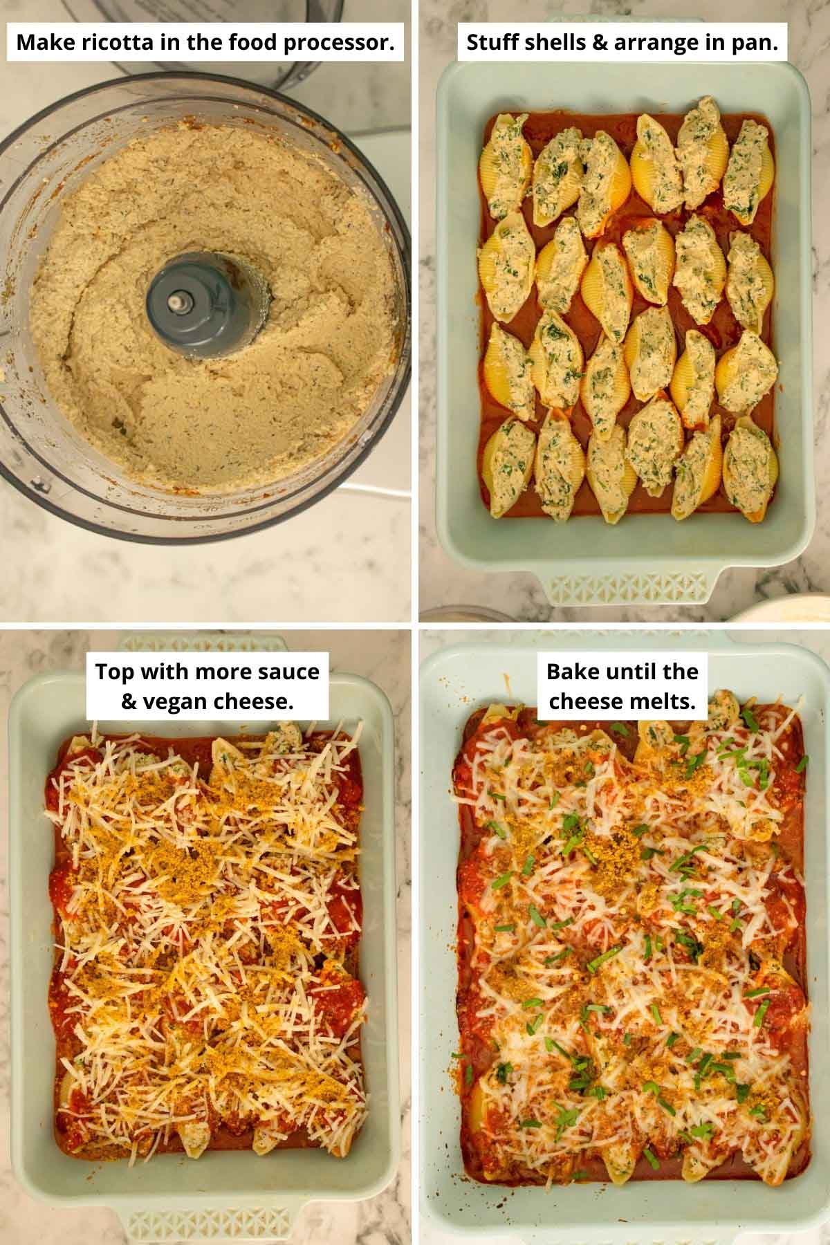 image collage showing the ricotta in the food processor and then photos of the stuffed shells in the pan before and after adding the sauce and cheese and after baking