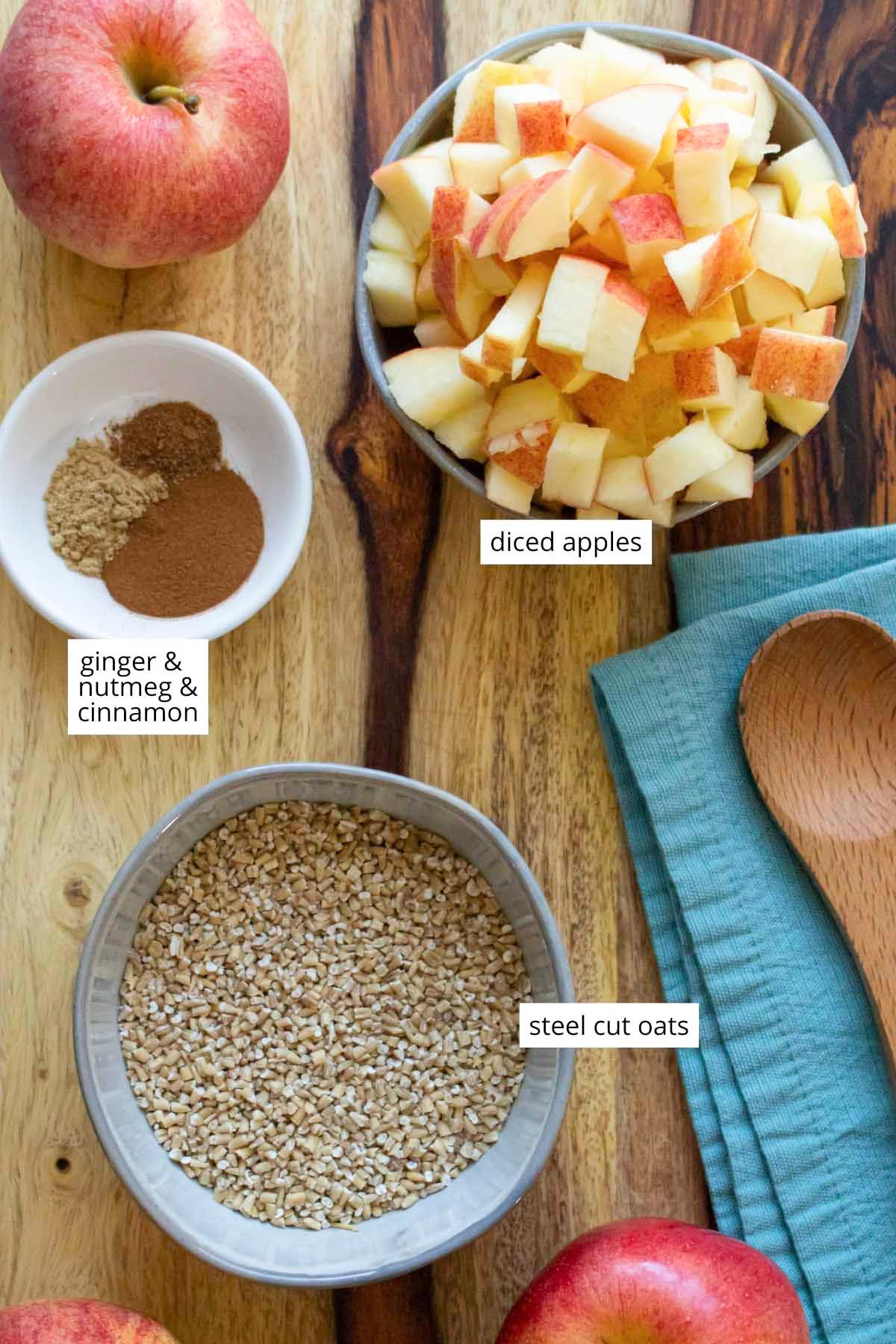spices, diced apples, and steel cut oats in bowls on a wooden table, each labeled with text