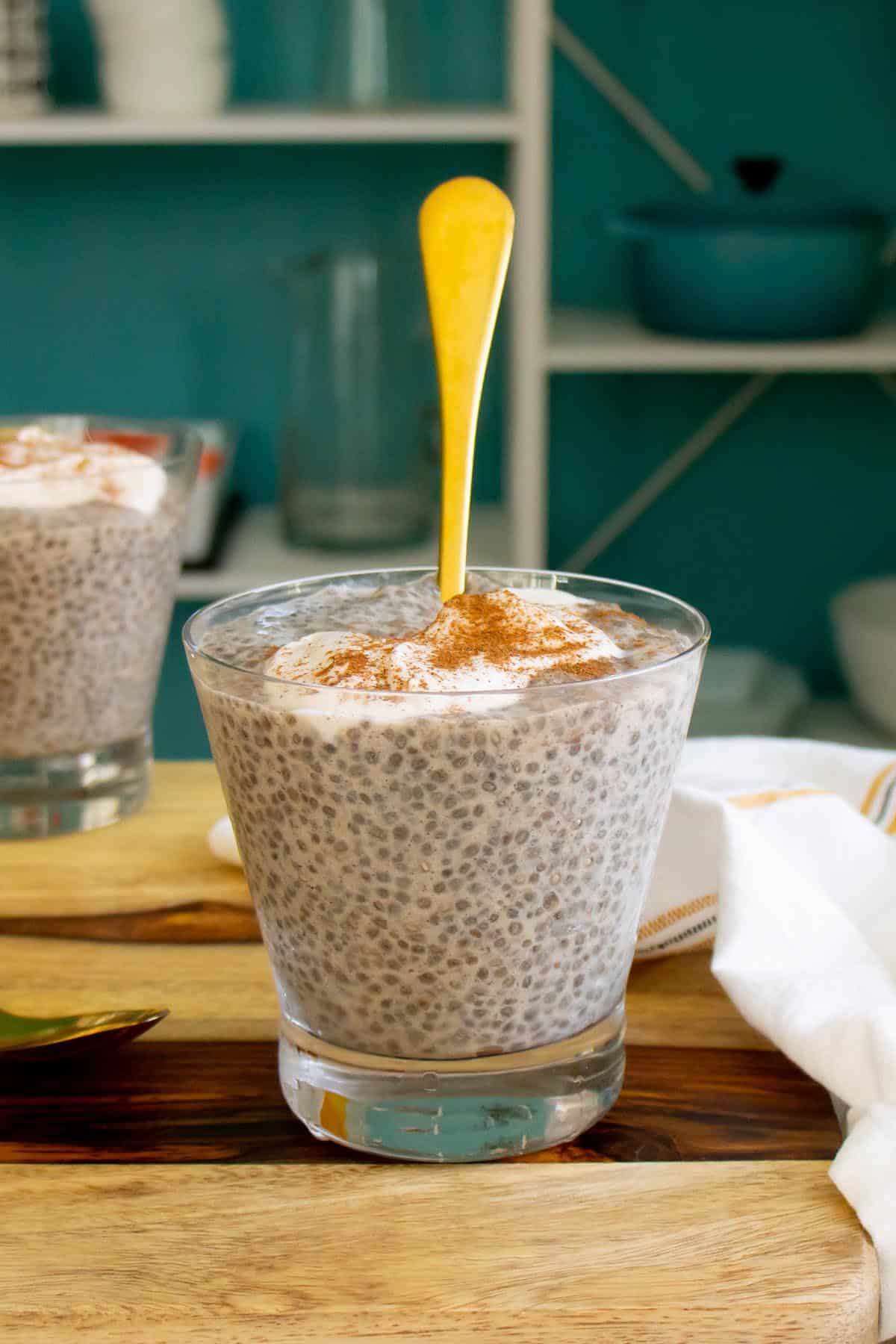 chai latte chia pudding topped with non-dairy yogurt and cinnamon