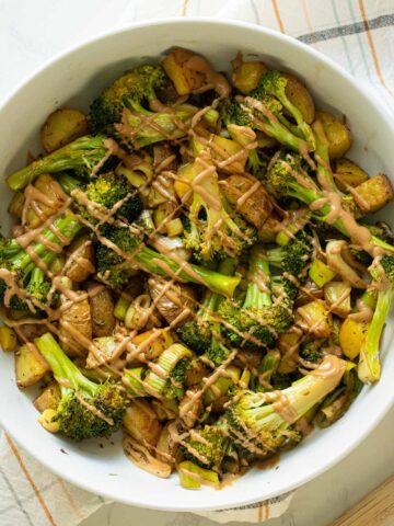 Roasted Potatoes & Broccoli with Tahini-Miso Dressing