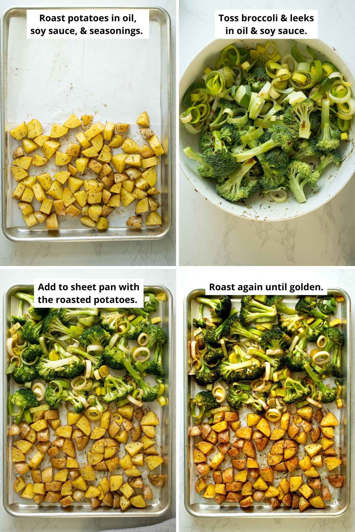 image collage of potatoes on half of the baking pan, mixing the broccoli with oil and soy sauce, the broccoli added to the pan with partially-cooked potatoes, and the veggies all done roasting