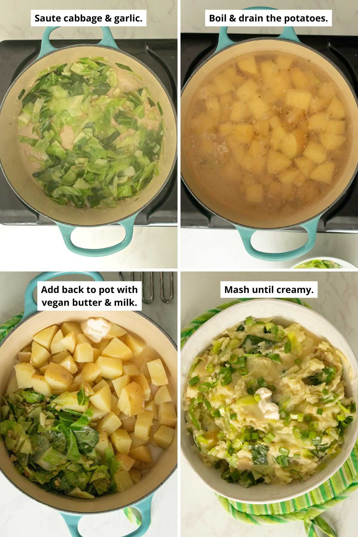 image collage showing the cooked cabbage, boiling the potatoes, the ingredients before and after mashing