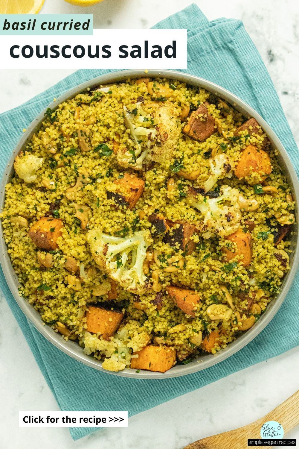 serving bowl of curried couscous salad with roasted vegetables, text overlay