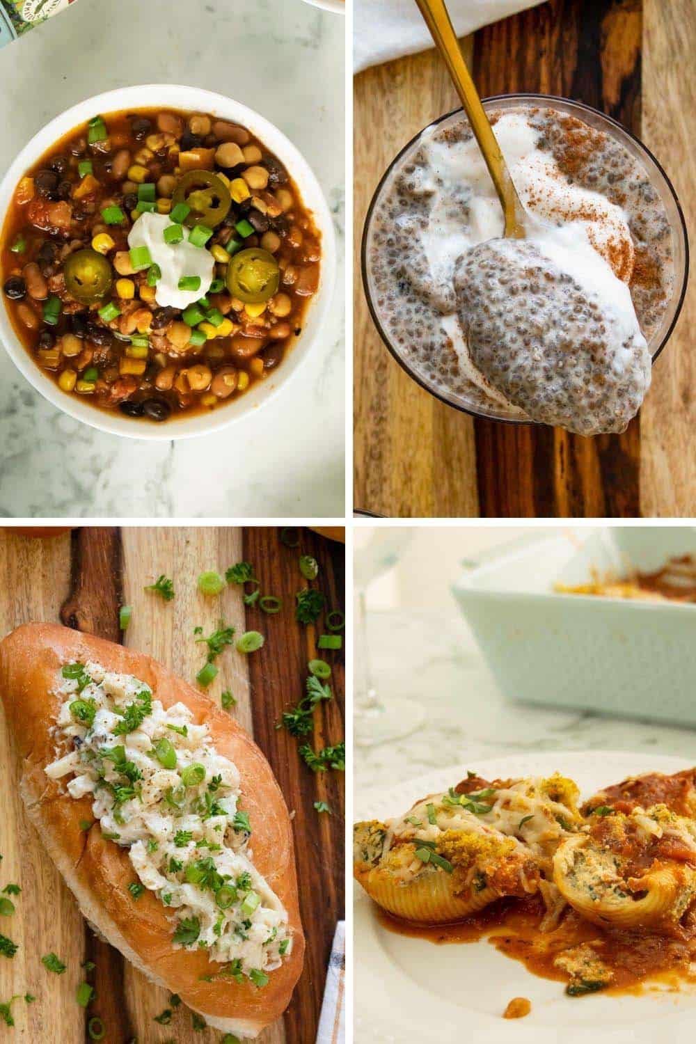 photo collage of vegan pantry meals: chili, chia pudding, vegan lobster roll, stuffed shells