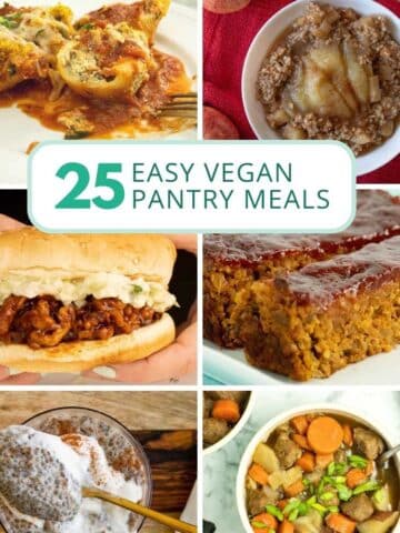 image collage of vegan pantry meals with a text overlay