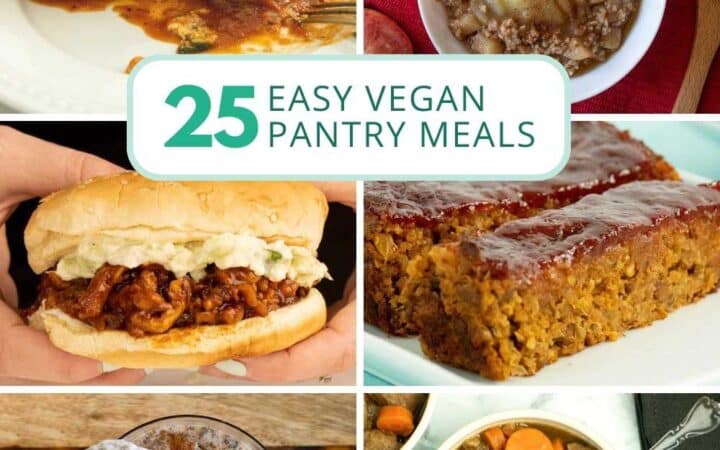 image collage of vegan pantry meals with a text overlay