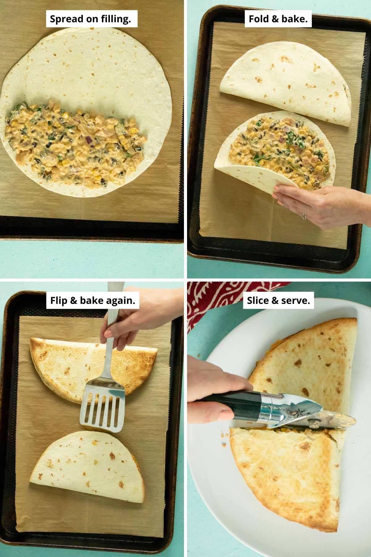 image collage showing folding and flipping the vegan quesadilla on the baking sheet