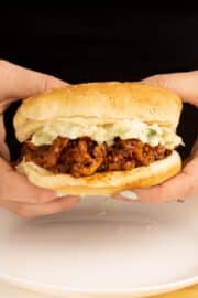 hands holding a BBQ soy curls sandwich