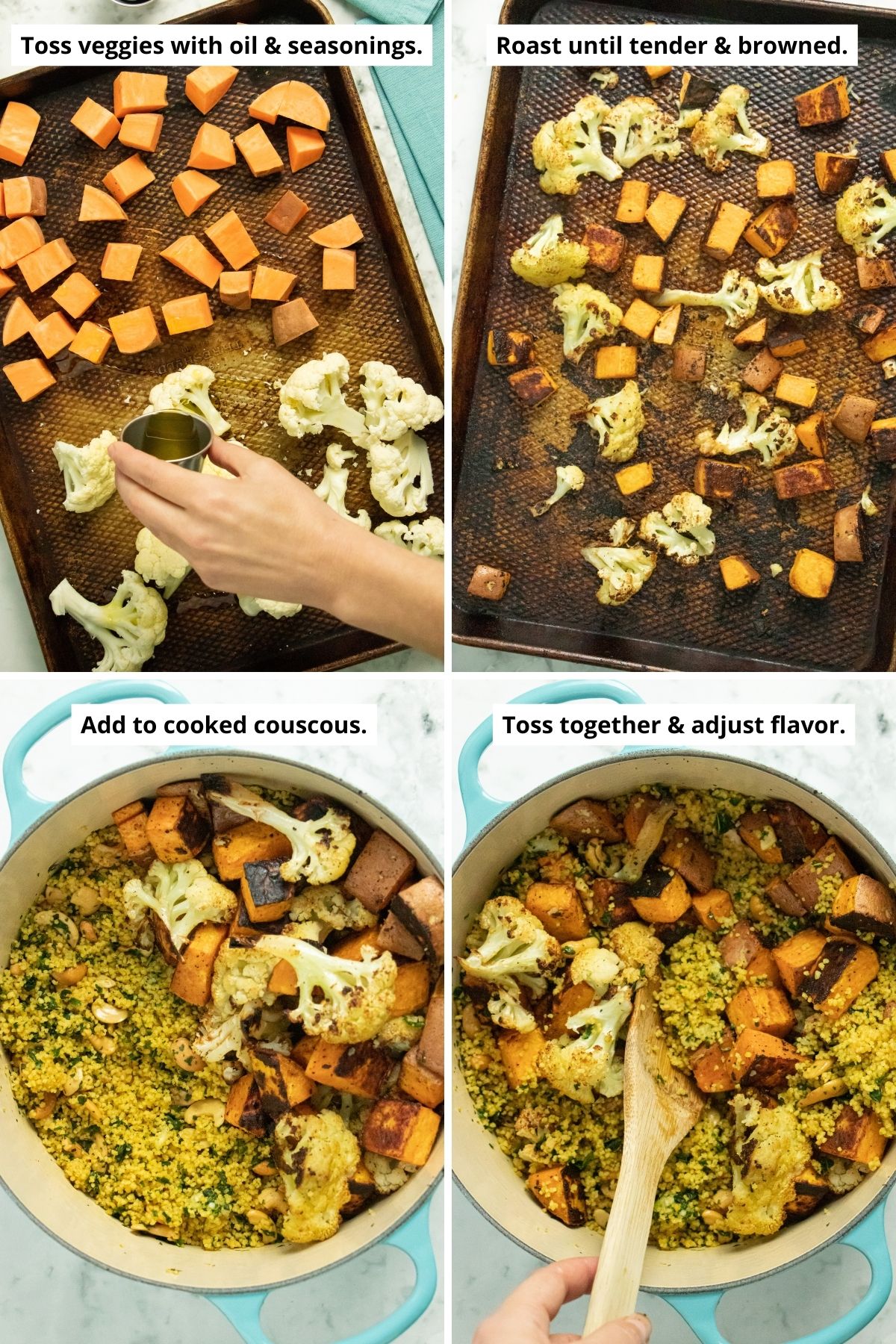 image collage showing: sweet potato and cauliflower before and after roasting and adding the roasted vegetables to the curried couscous