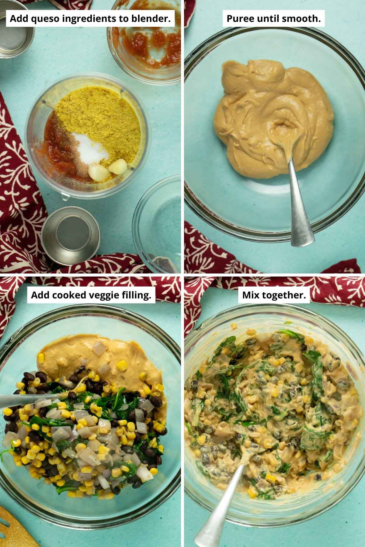 image collage showing the queso ingredients in the blender, then in a bowl, then with the veggies, and all mixed together