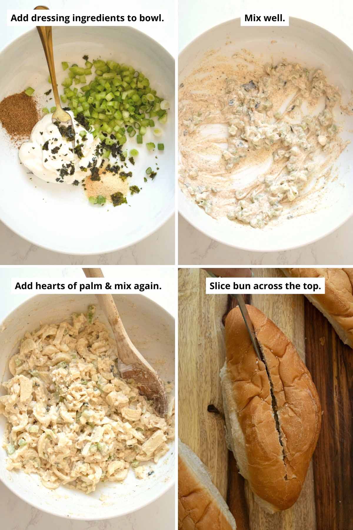 image collage of dressing ingredients in a bowl before and after mixing, the vegan lobster salad all mixed up, and a knife slicing into the top of a roll