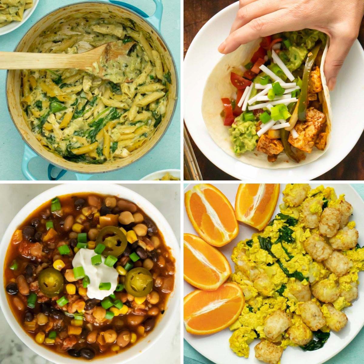image collage of vegan one pot meals: pasta, fajitas, chili, breakfast casserole