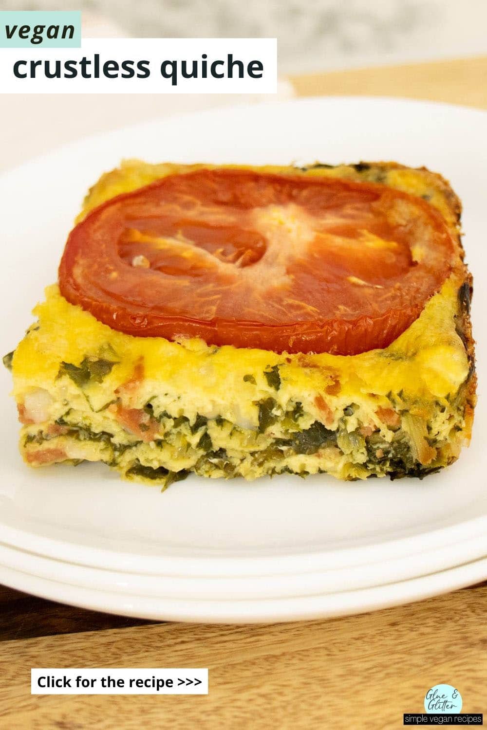 slice of crustless vegan quiche on a white plate, text overlay