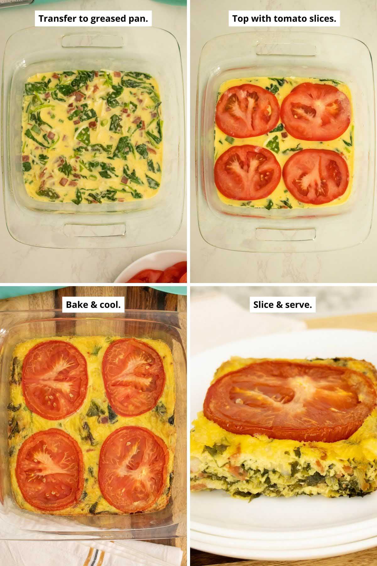 image collage showing the quiche batter in the pan, the batter topped with tomato before and after cooking, and a slice of vegan crustless quiche on a white plate