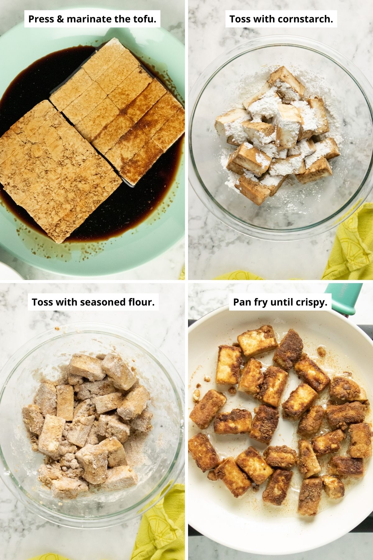 image collage showing the tofu marinating, adding the cornstarch, after mixing in the flour, and the fried tofu in the pan