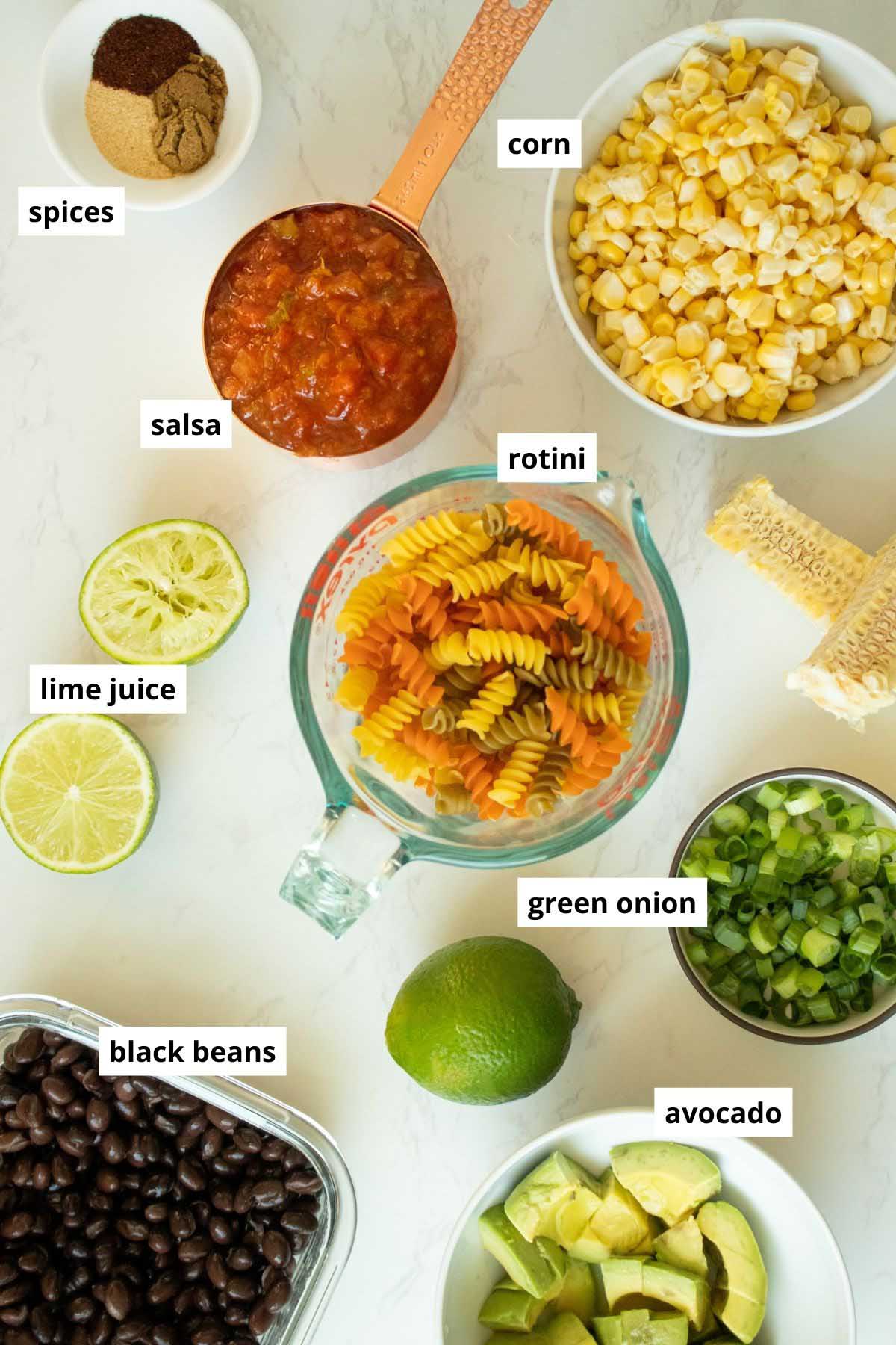 pasta, corn, beans, salsa, avocado, and seasonings on a white table