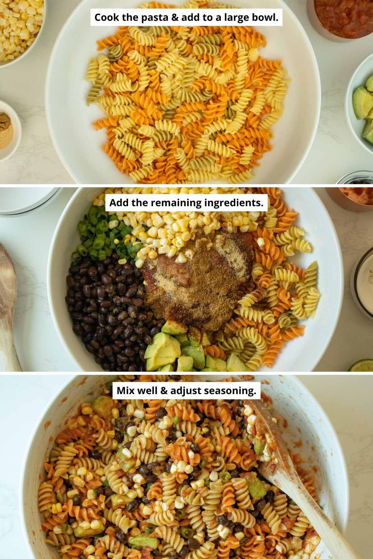 image collage showing cooked pasta in the mixing bowl, the ingredients added to the bowl, and the oil-free pasta salad after mixing it together