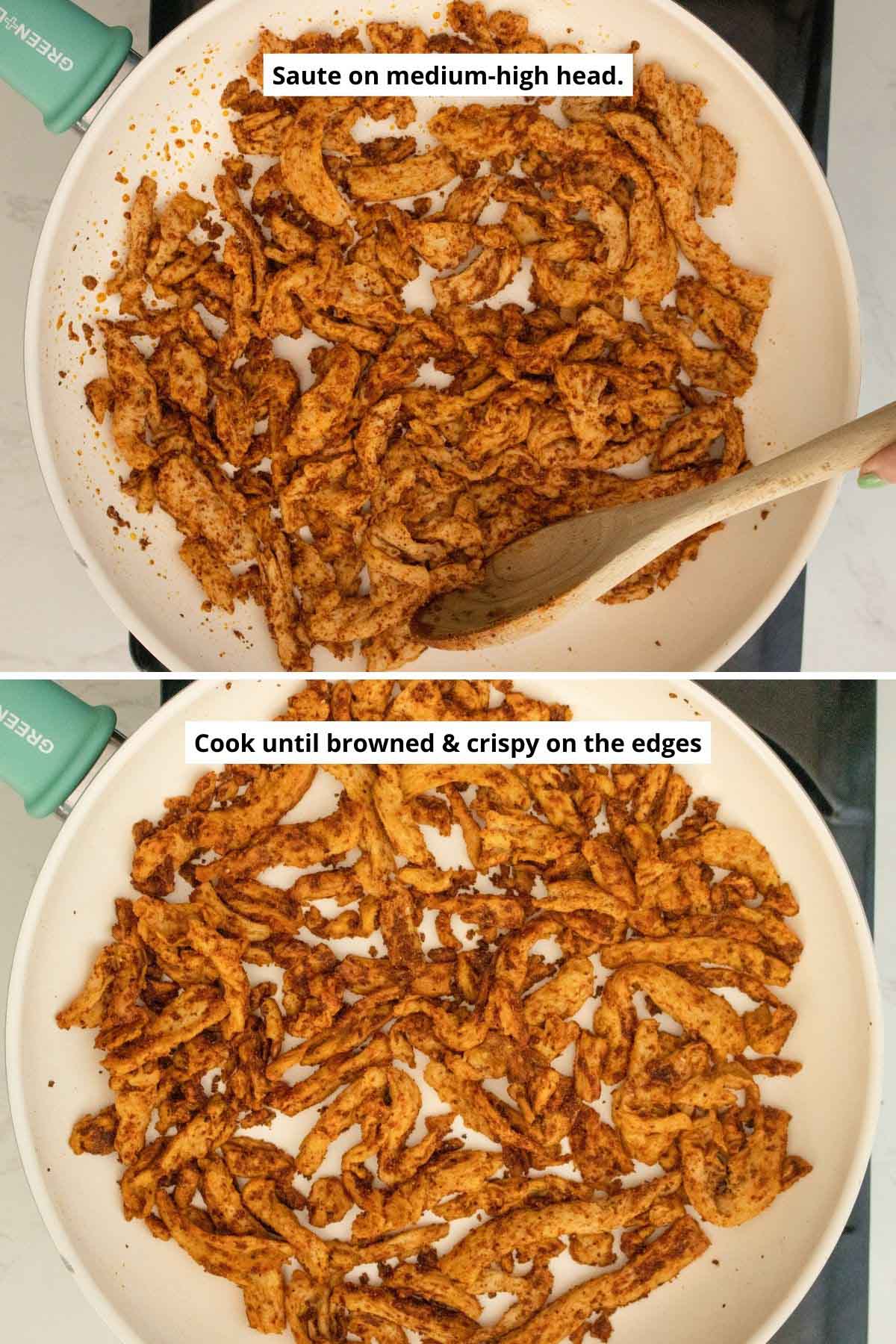vegan chicken soy curls in the frying pan before and after cooking
