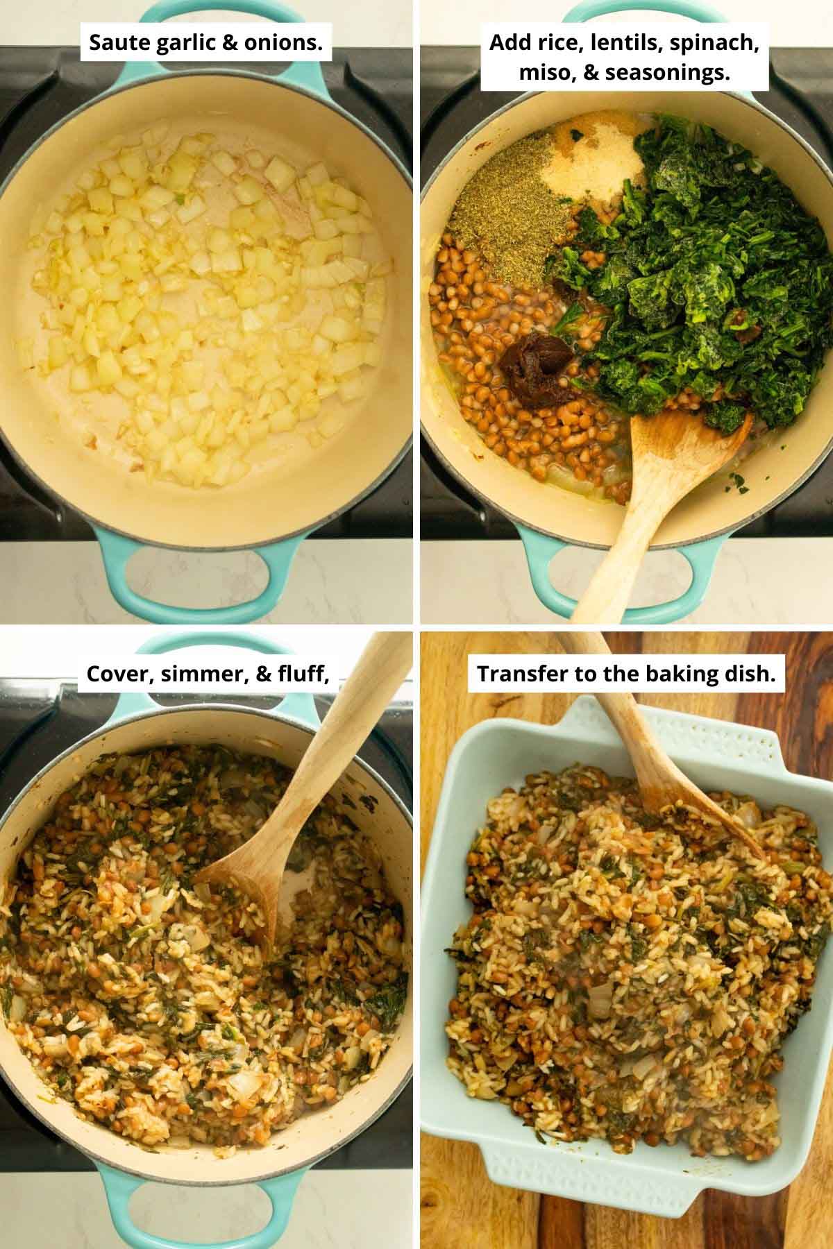 image collage showing the sautéed onion and garlic; the pan with the rice, lentils, veggies, and seasonings mixed in; the rice mixture after cooking; and the rice mixture transferred to the baking pan