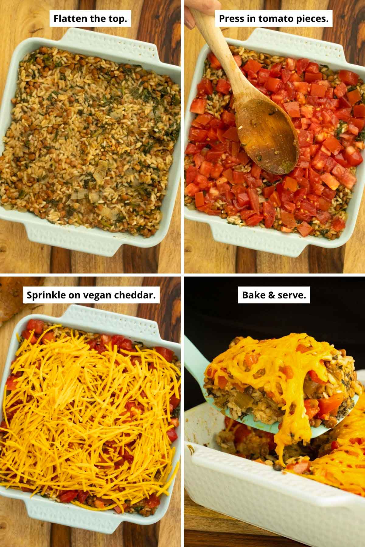 image collage showing the rice mixture in the baking pan after flattening, pressing the tomatoes into the top, adding the vegan cheese shreds, and serving the rice casserole after baking