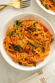 close-up of a bowl of gochujang spaghetti