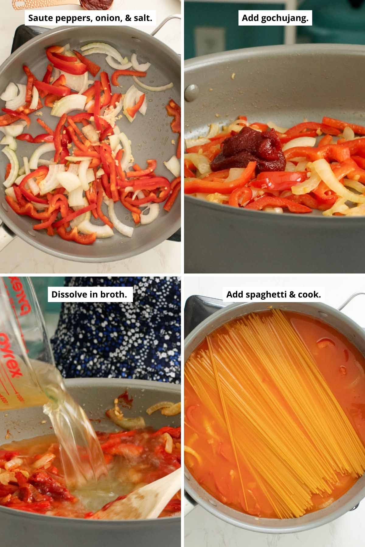 image collage showing the veggies before cooking and after with the gochujang added, pouring the broth into the pan, and the spaghetti pressed into the liquid in the pan