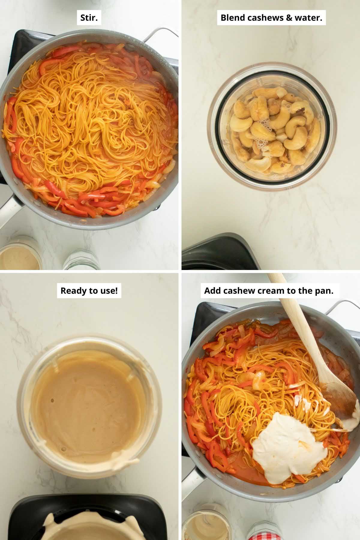 image collage showing the spaghetti before and after cooking, the cashews and water before and after blending, and the cashew cream added to the pan of pasta