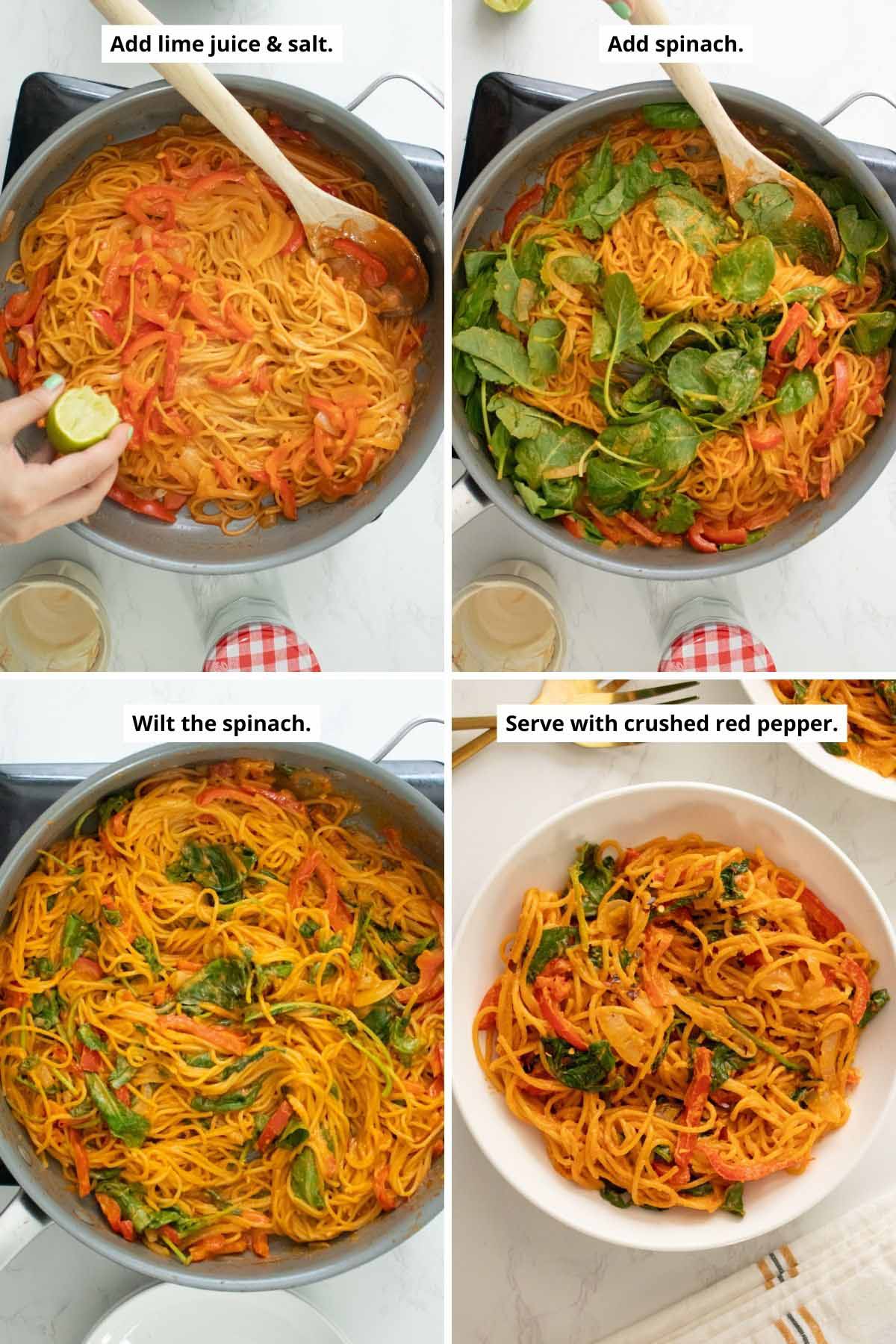 image collage showing adding lime to the pasta, adding the spinach, the spinach cooked down, and a bowl of gochujang pasta topped with pepper flakes