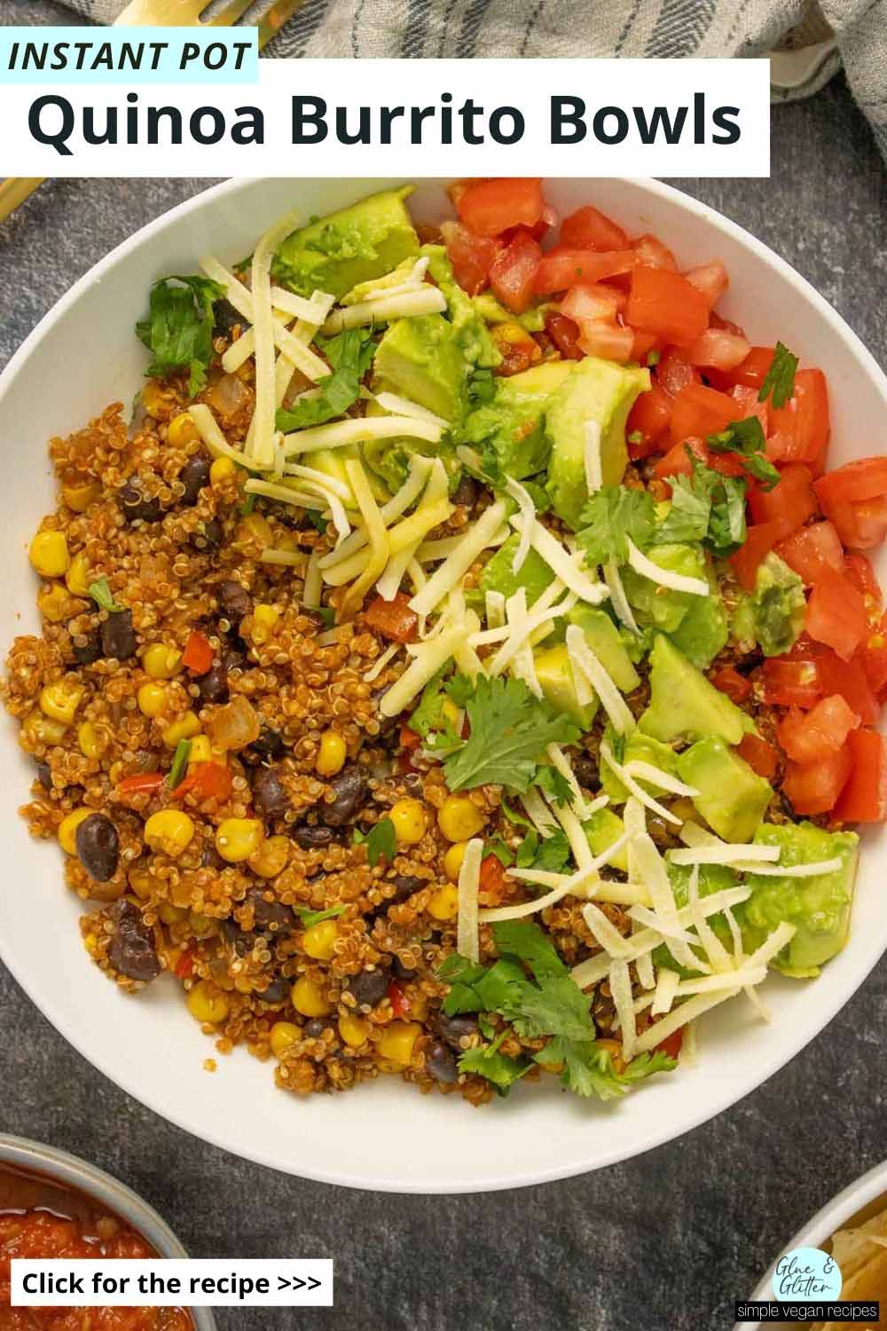 instant pot quinoa burrito bowl with corn, beans, avocado, tomato, vegan cheese, and cilantro, text overlay
